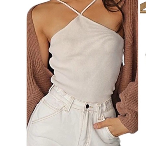 Zara Ivory Ribbed Cropped Halter Top - Spaghetti Strap - Size L - Summer Chic - Picture 1 of 7